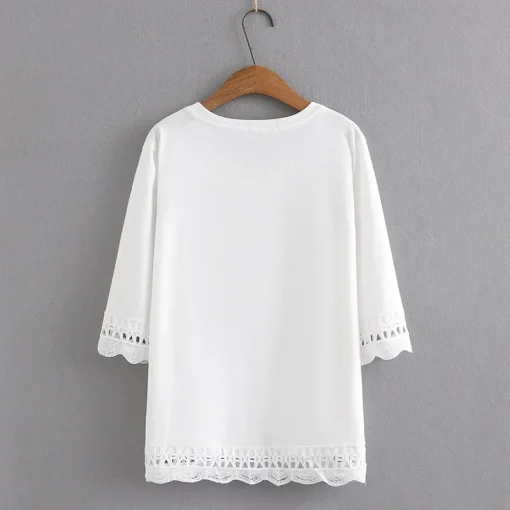 Plus Size Lace Sleeve O-Neck T-Shirt - Image 3