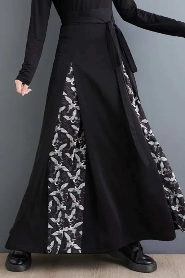 Chinese Style Print High Waist Long Skirt