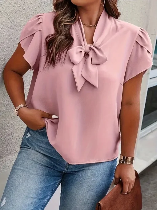 Plus Size Elegant Bow Tie Neck Blouse - Image 3