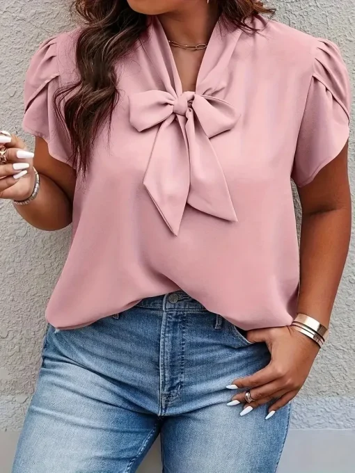 Plus Size Elegant Bow Tie Neck Blouse - Image 4