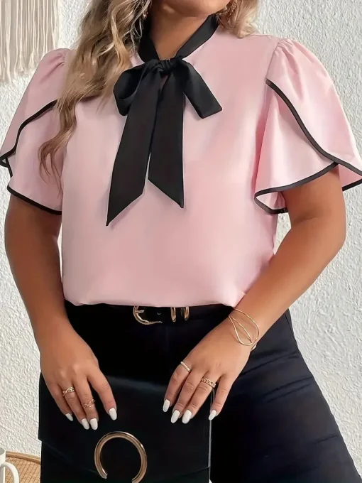 Plus Size Contrast Bow Tie Blouse - Image 2