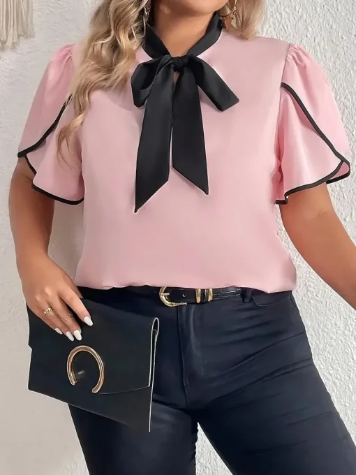 Plus Size Contrast Bow Tie Blouse - Image 3