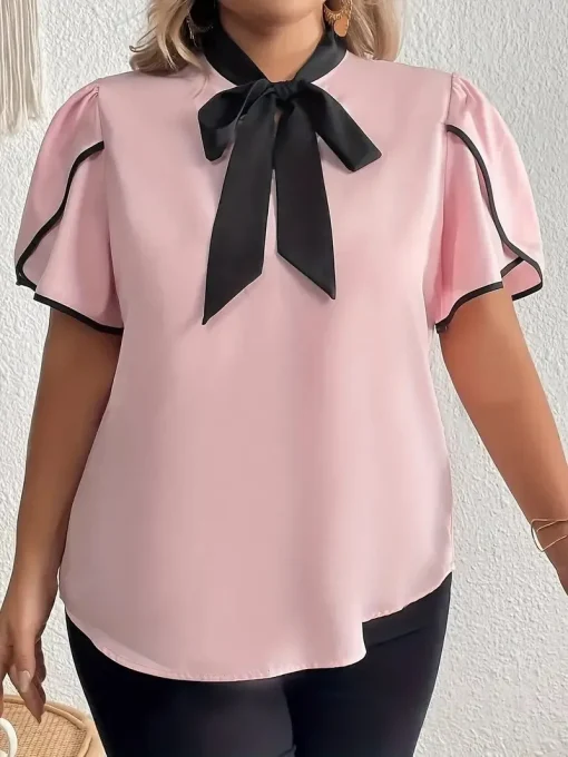 Plus Size Contrast Bow Tie Blouse - Image 4