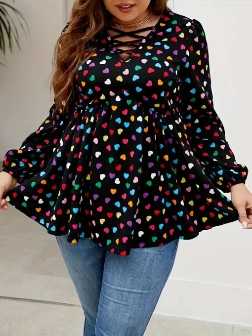 Plus Size Heart Print V-Neck Peplum Blouse - Image 2