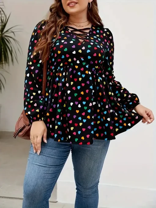 Plus Size Heart Print V-Neck Peplum Blouse - Image 3