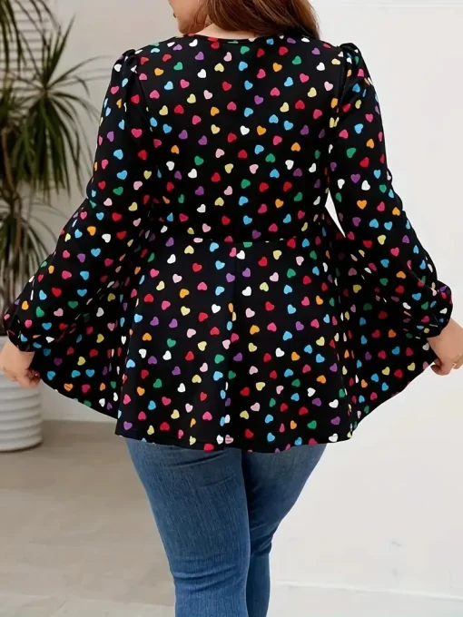 Plus Size Heart Print V-Neck Peplum Blouse