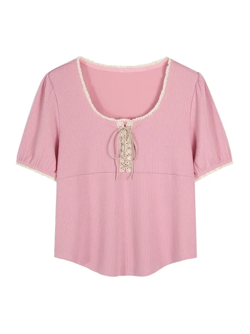 Plus Size Lace-Up Puff Sleeve Rib-Knit T-Shirt - Image 2