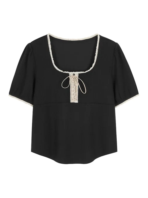 Plus Size Lace-Up Puff Sleeve Rib-Knit T-Shirt - Image 3