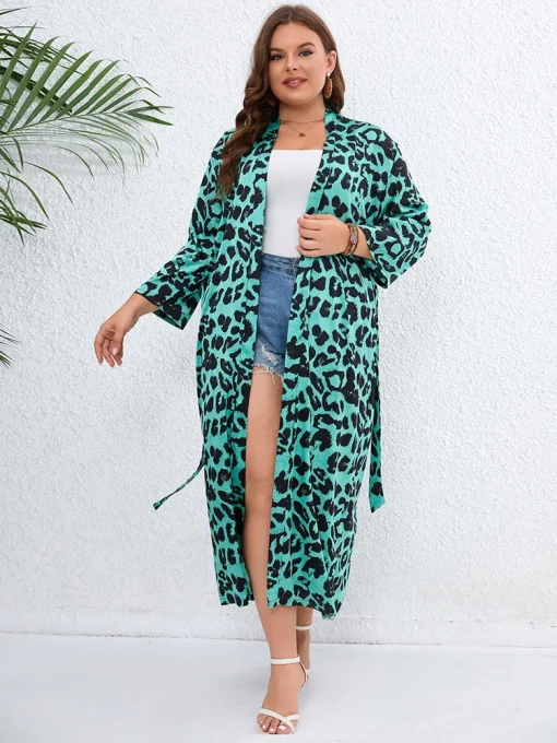 Plus Size Leopard Print Belted Kimono - Image 2