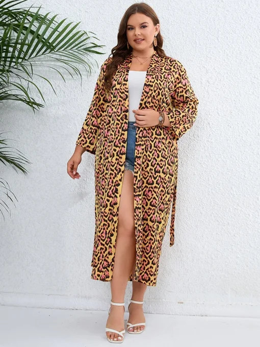 Plus Size Leopard Print Belted Kimono - Image 3