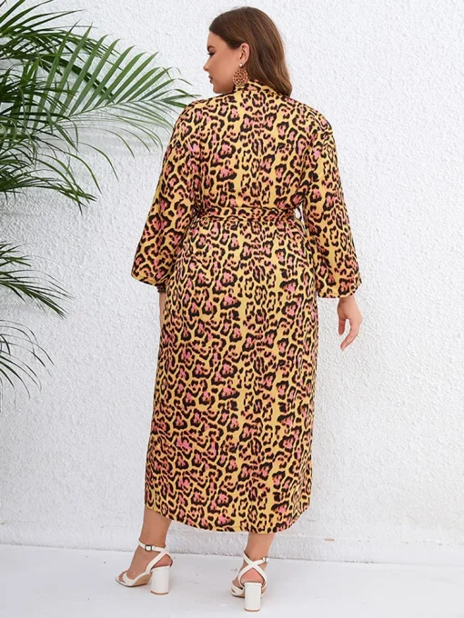 Plus Size Leopard Print Belted Kimono