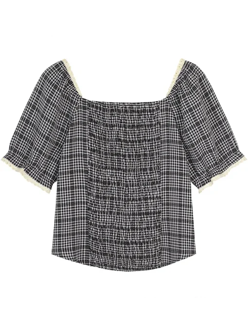 Plus Size Plaid Lace Square Neck Blouse