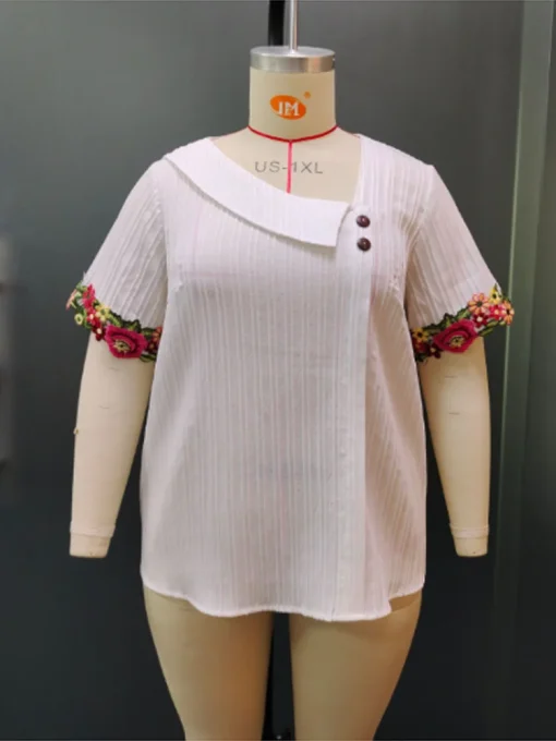 Embroidered Skew Collar Plus Size Blouse - Image 5