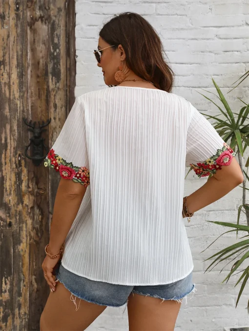 Embroidered Skew Collar Plus Size Blouse