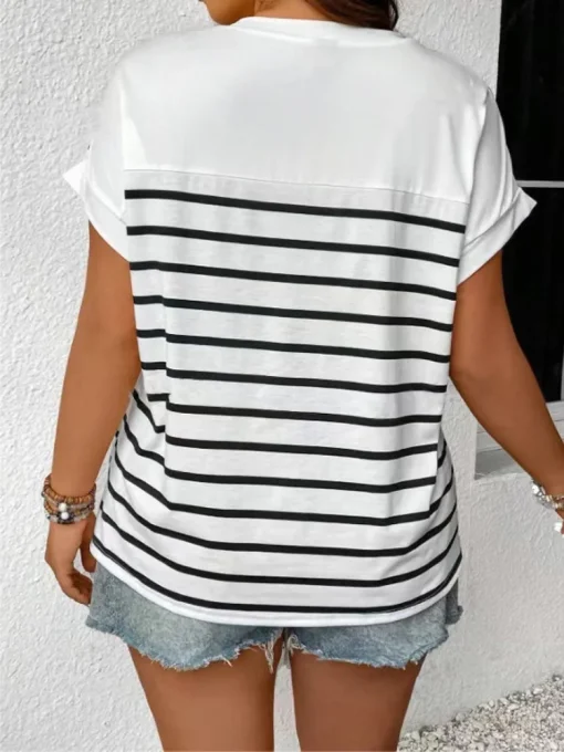 Plus Size Striped Button Detail O-Neck T-Shirt