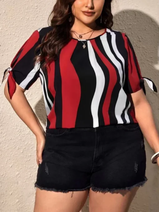 Plus Size Striped Tie Blouse - Image 2