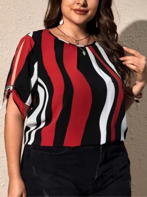 Plus Size Striped Tie Blouse - Image 3