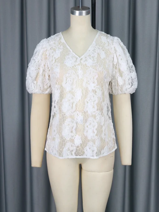 Summer Loose White Lace Spliced Shirt - Image 3