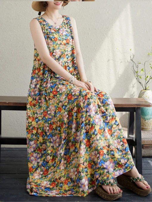 Oversized Sleeveless Floral Print Vests Dress - Image 3