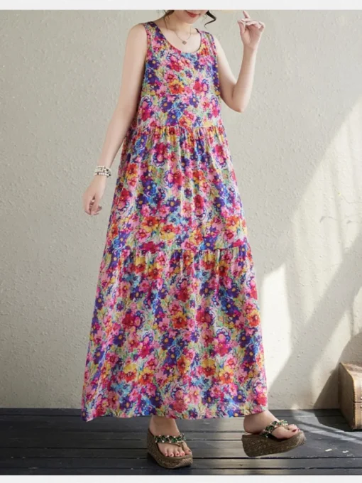 Oversized Sleeveless Floral Print Vests Dress - Image 5