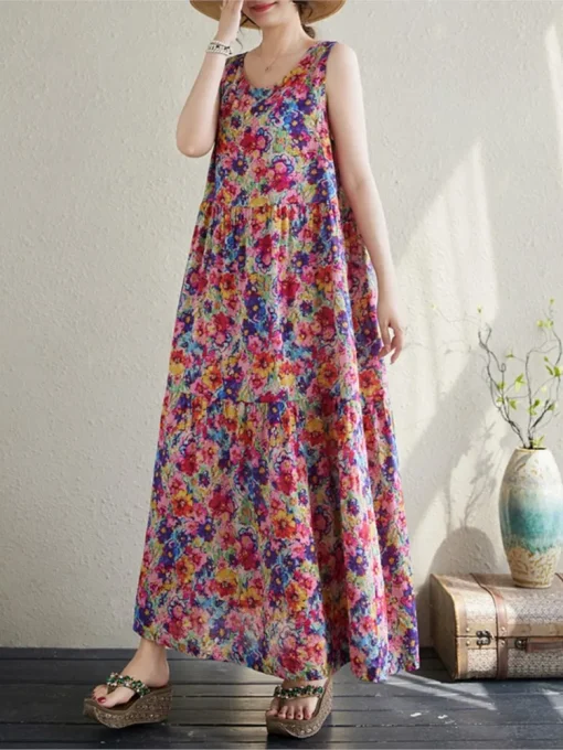 Oversized Sleeveless Floral Print Vests Dress