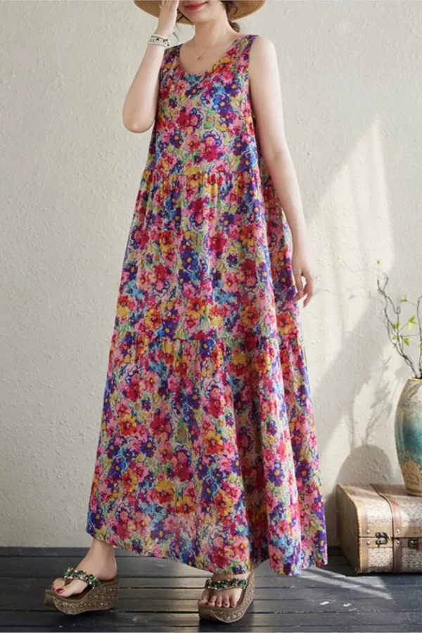 Oversized Sleeveless Floral Print Vests Dress