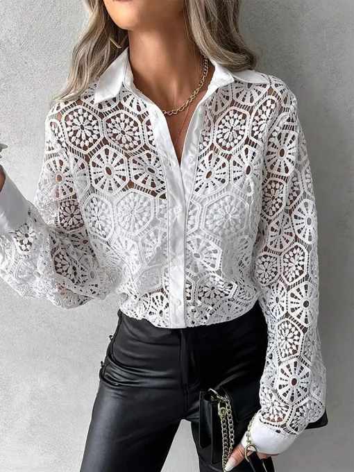 Plus Size Hollow Out Lapel Blouse