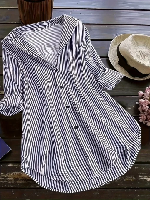 Striped Print Button Down Blouse