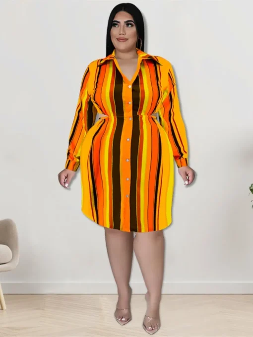 Plus Size Autumn Striped Midi Shirt Dress - Image 2