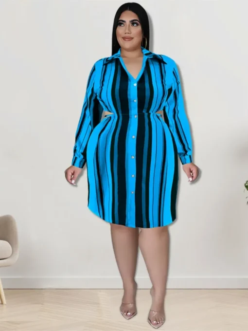 Plus Size Autumn Striped Midi Shirt Dress - Image 3