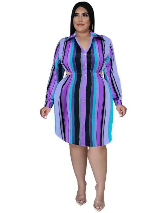 Plus Size Autumn Striped Midi Shirt Dress - Image 4