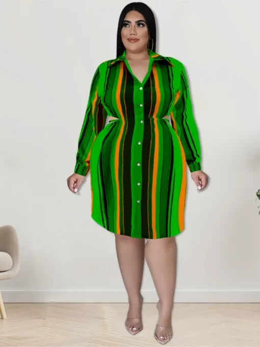 Plus Size Autumn Striped Midi Shirt Dress