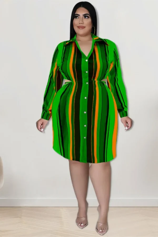 Plus Size Autumn Striped Midi Shirt Dress