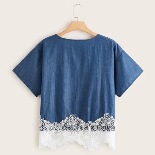 Plus Size Denim T-Shirt with Lace Patchwork - Image 2