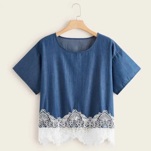 Plus Size Denim T-Shirt with Lace Patchwork