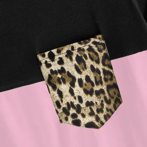 Plus Size Color Block Leopard Pocket T-Shirt - Image 4