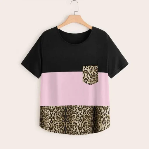 Plus Size Color Block Leopard Pocket T-Shirt