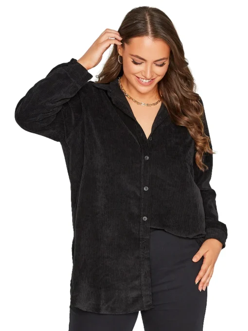 Plus Size Corduroy Longline Button-Up Shirt