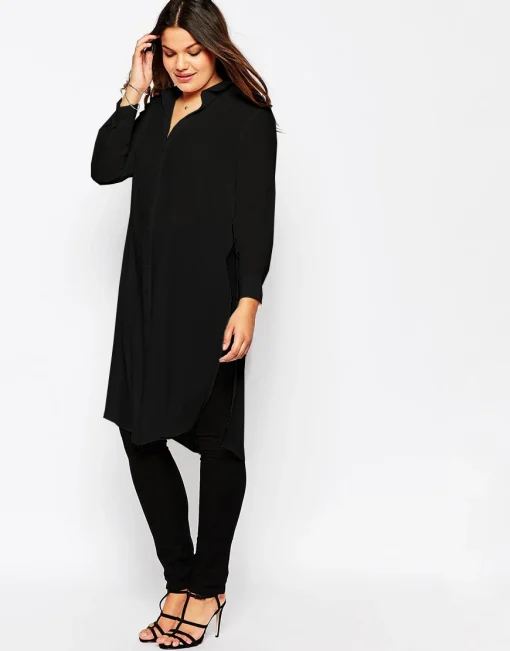 Plus Size Solid High Slit Dress Shirt Blouse - Image 4