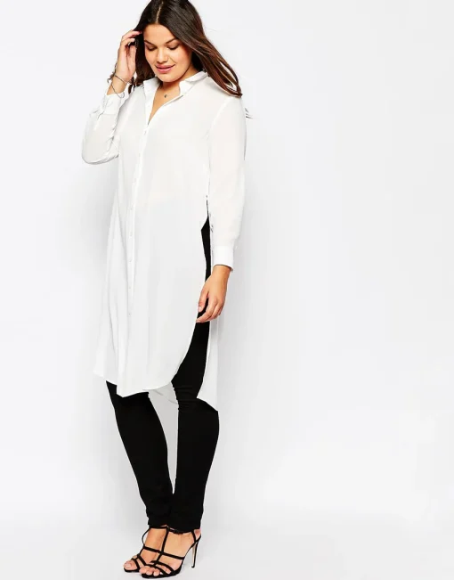 Plus Size Solid High Slit Dress Shirt Blouse