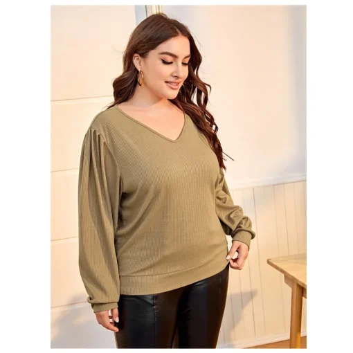 Plus Size Puff Sleeve V-Neck Blouse 8XL - Image 4