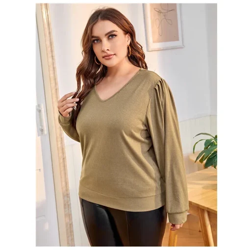 Plus Size Puff Sleeve V-Neck Blouse 8XL - Image 5