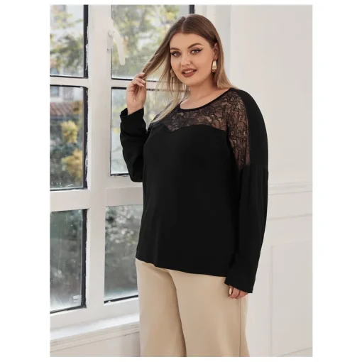 Plus Size Lace Patchwork Long Sleeve Blouse - Image 5