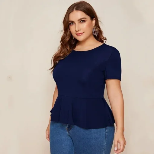 Plus Size Blue Peplum Ruffle Blouse 8XL