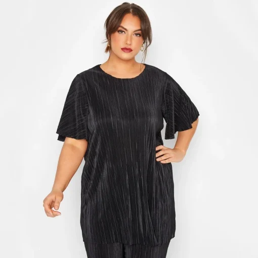 Plus Size Black Plisse Top with Flare Sleeves - Image 3