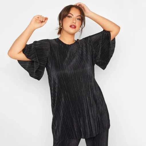 Plus Size Black Plisse Top with Flare Sleeves