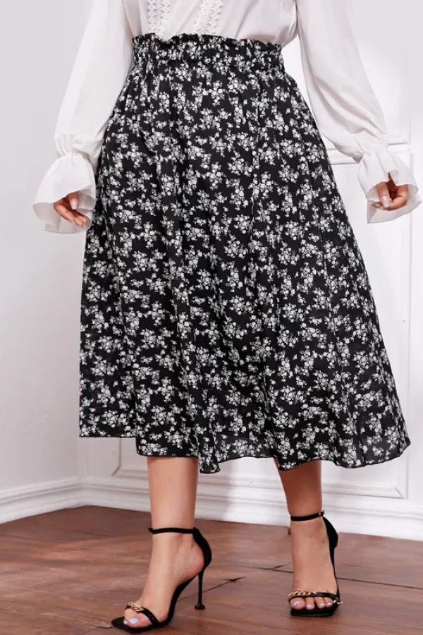 Plus Size Floral Long Skirt Elastic Waist