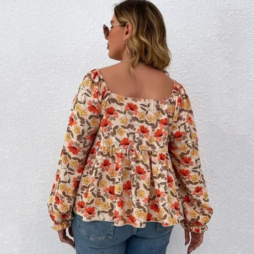 Plus Size Floral Peplum Blouse with Lantern Sleeves - Image 2