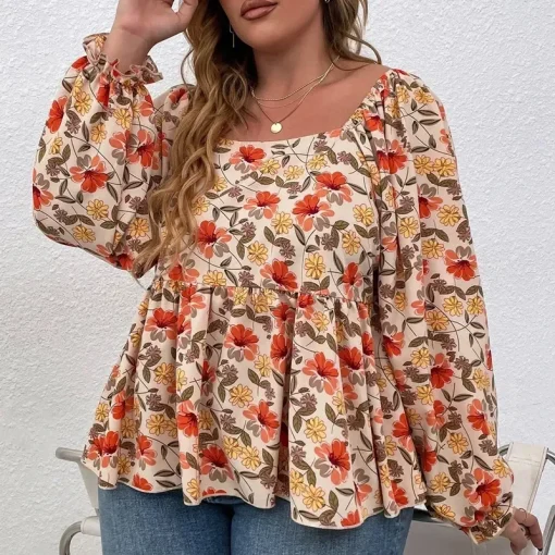 Plus Size Floral Peplum Blouse with Lantern Sleeves