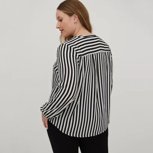 Plus Size Black & White Striped Long Sleeve Blouse - Image 2